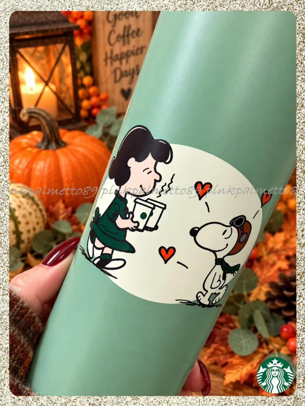 🍂🎃 NWT 2026 PEANUTS + Starbucks Snoopy & Lucy Sage Green 24oz SS Tumbler